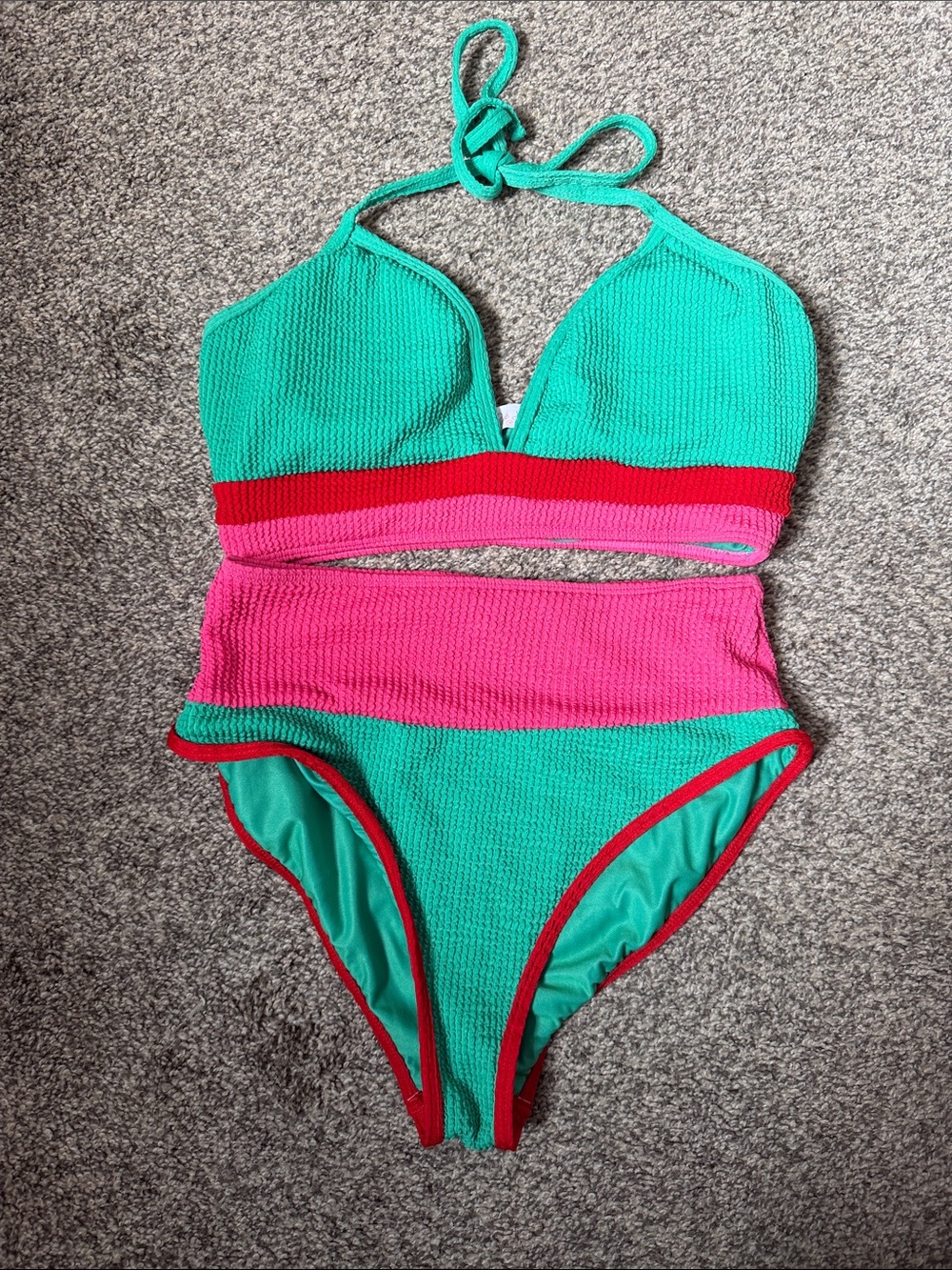 Pink Lily Green and Hot Pink Colorblock Halter Bikini with Red Trim